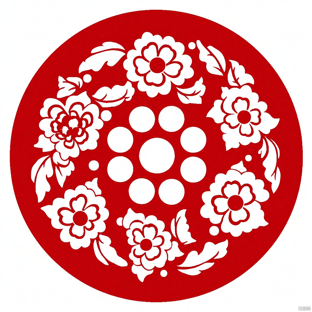 An eye-level view of a red and white floral design on a white background. The design is a circular shape, with a red background and white flowers and leaves surrounding it. The flowers are arranged in a circular pattern, with white petals and leaves extending from the top to the bottom. The center of the design is made up of white circles, with the middle of the circle being the largest and the top being the smallest. The background is a solid white color.An eye-level view design,Traditional Chinese Pattern Design