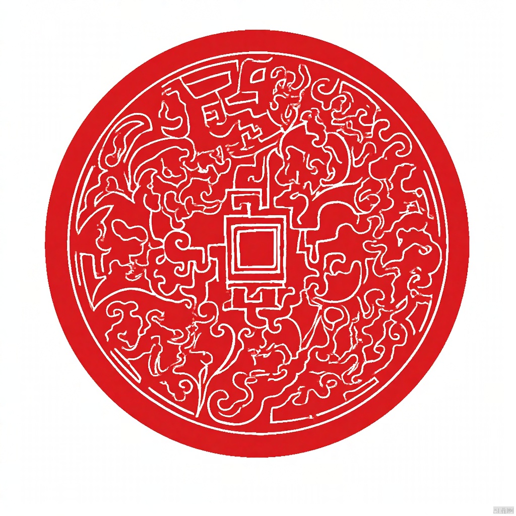 An eye-level view of a red circle with a intricate design in the center. The design features a square with a hole in the middle, surrounded by a series of arches and lines. The background is a solid white.An eye-level view design,Traditional Chinese Pattern Design
