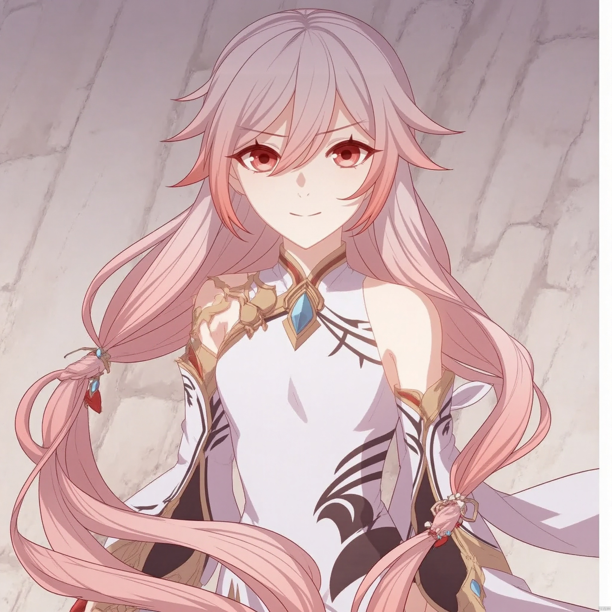 (grey background:1.2),(SOLO:1.4),outline,simple background,(((,standing,looking at viewer,arms at side))),fu hua, fu hua mangaver, red eyes,hair between eyes, bangs, long hair,hair ornament, multicolored hair,white hair, pink hair, streaked hair,small breasts, red hair,low-tied long hair,