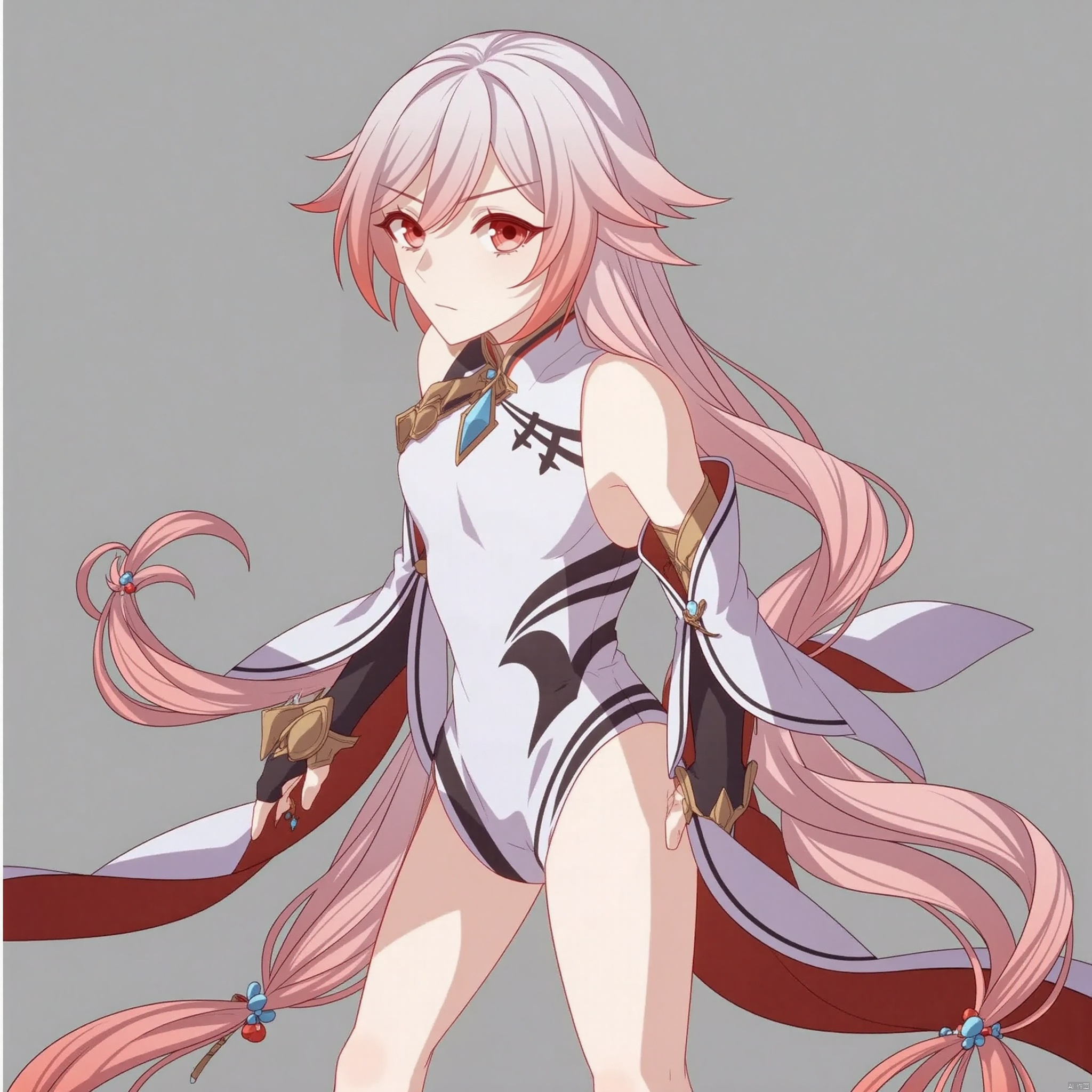 (grey background:1.2),(SOLO:1.4),outline,simple background,(((,standing,looking at viewer,arms at side))),fu hua, fu hua mangaver, red eyes,hair between eyes, bangs, long hair,hair ornament, multicolored hair,white hair, pink hair, streaked hair,small breasts, red hair,low-tied long hair,