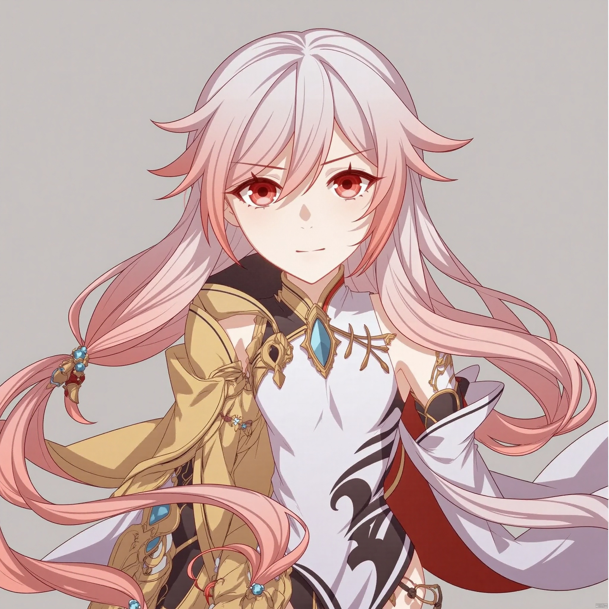 (grey background:1.2),(SOLO:1.4),outline,simple background,(((,standing,looking at viewer,arms at side))),fu hua, fu hua mangaver, red eyes,hair between eyes, bangs, long hair,hair ornament, multicolored hair,white hair, pink hair, streaked hair,small breasts, red hair,low-tied long hair,red eye shadow,hood,(((hood up,))),yellow raincoat,holding_Staffs,wooden_Staffs,