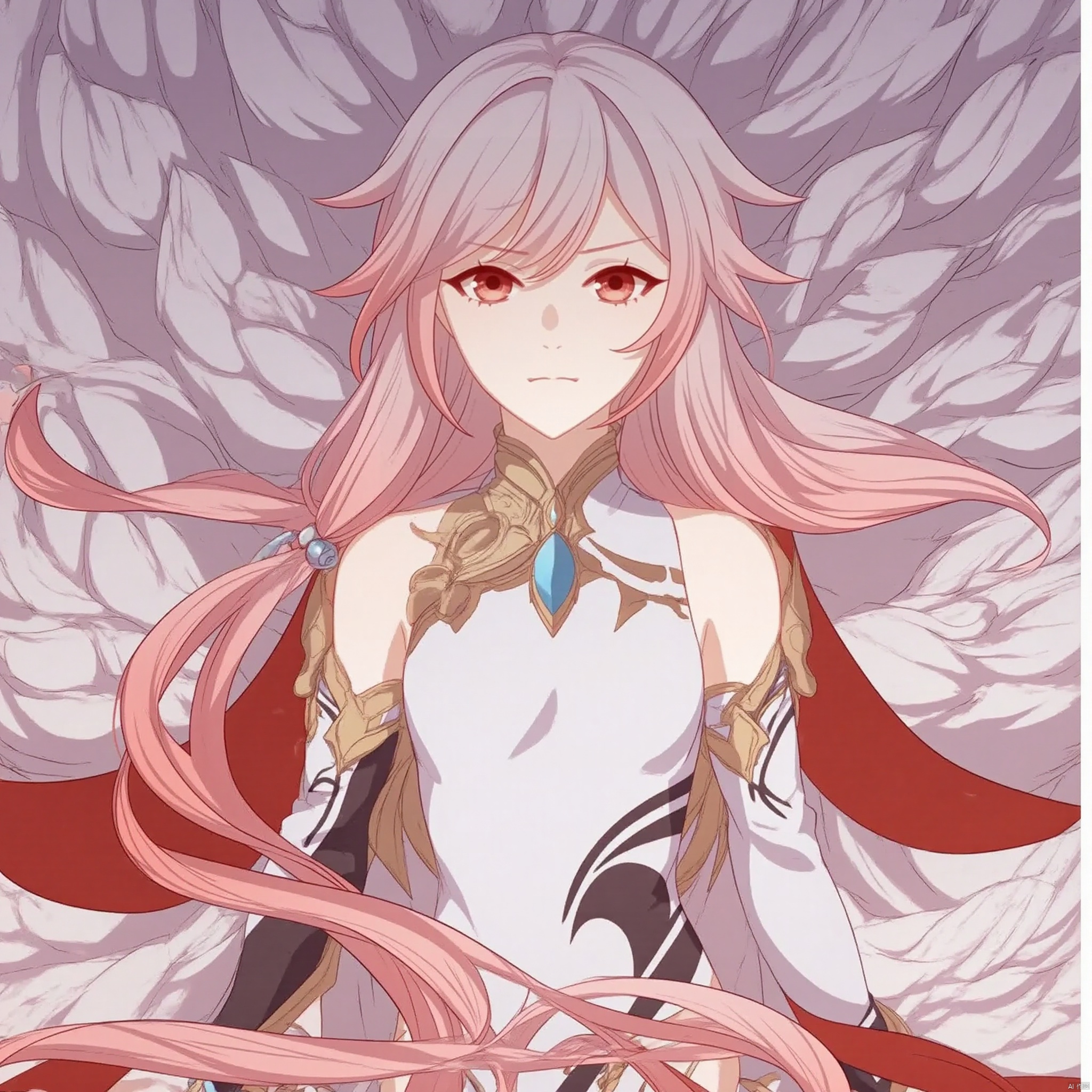 (grey background:1.2),(SOLO:1.4),outline,simple background,(((,standing,looking at viewer,arms at side))),fu hua, fu hua mangaver, red eyes,hair between eyes, bangs, long hair,hair ornament, multicolored hair,white hair, pink hair, streaked hair,small breasts, red hair,low-tied long hair,