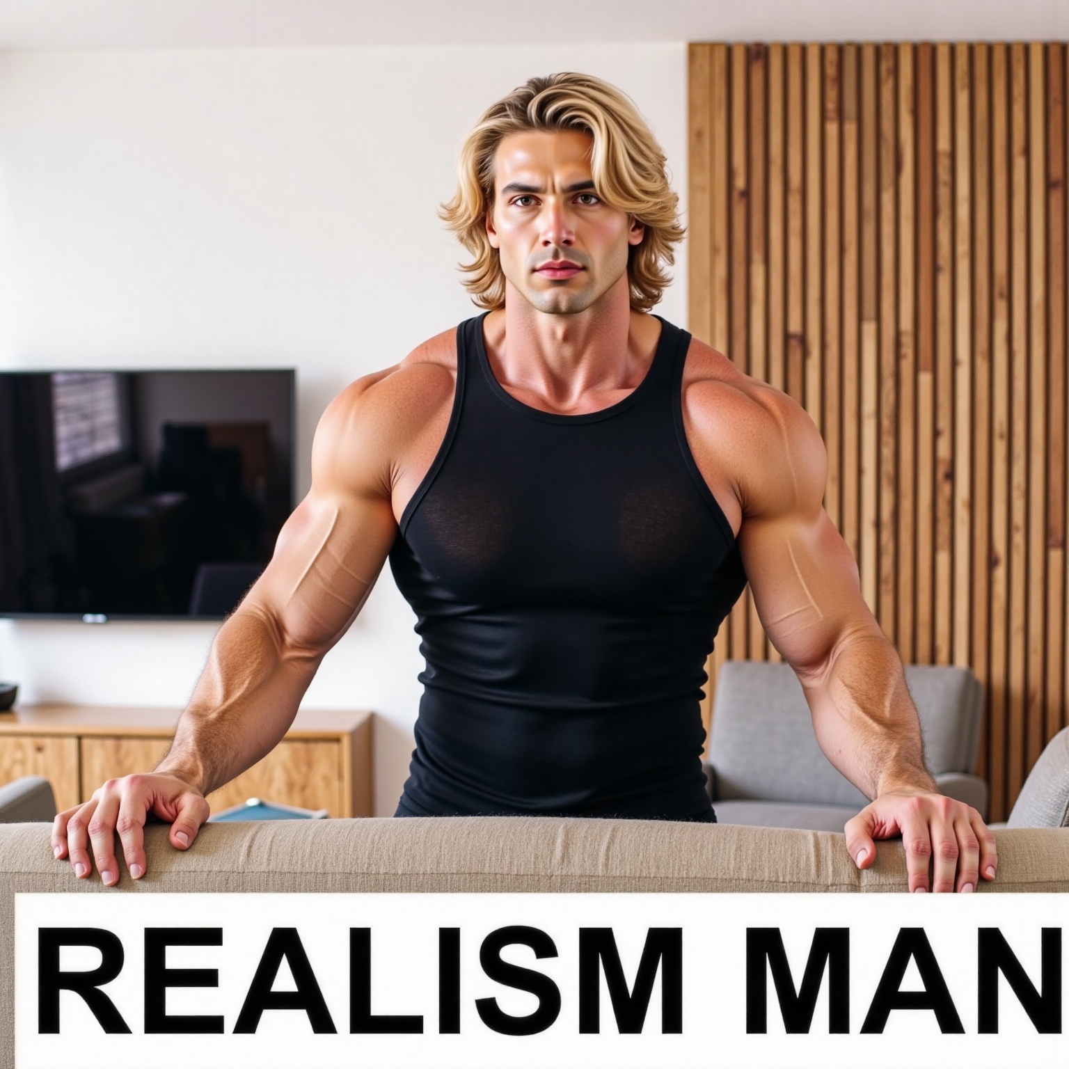 Captured at eye-level,  a close-up shot of a muscular man,  dressed in a black sleeveless **** top on Tensor.Art