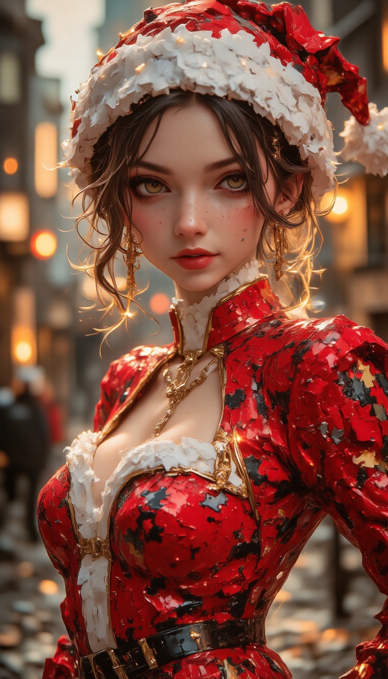 An illusion portrait in the style of a jigsaw puzzle,  with a stylish woman in a red and white suit in the center,  beauti...