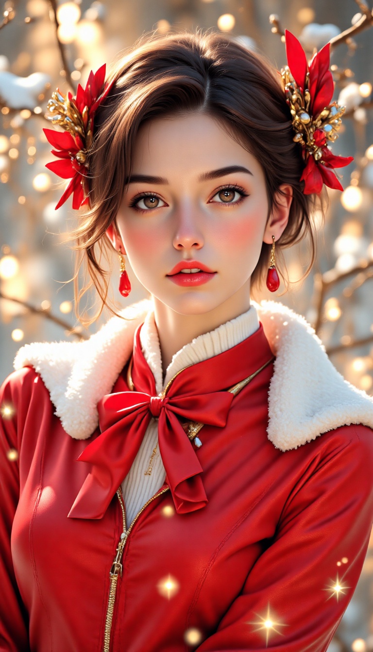 Centered stylish woman donning a red and white suit,  enhanced with beautiful make-up in the spirit of Christmas,  capture...