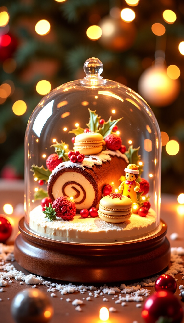 Enchanting snow globe featuring a classic Christmas dessert scene. Inside the globe,  a beautifully crafted Yule log cake...
