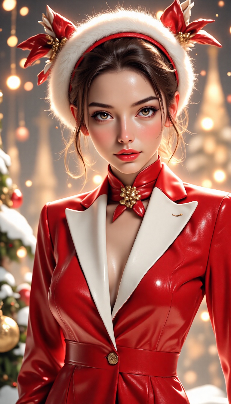 Centered stylish woman donning a red and white suit,  enhanced with beautiful make-up in the spirit of Christmas,  capture...