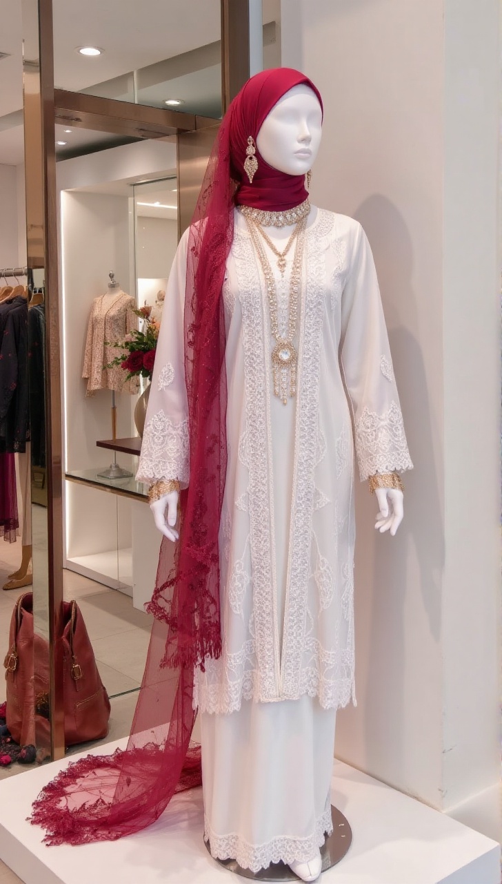 A stunning white mannequin display showcases a striking ensemble: a modern kebaya dress paired with a vibrant red hijab,...