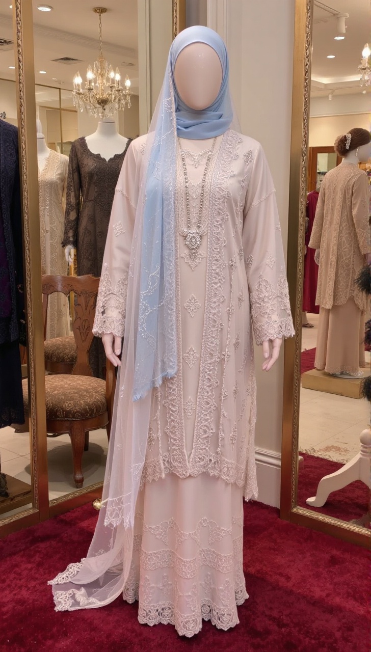 A luxurious boutique setting: A mannequin display,  draped in a stunning light blue hijab,  perfectly complements the intr...