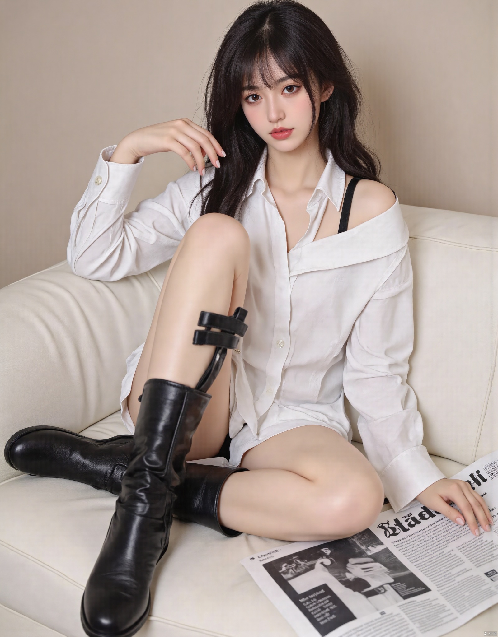 1girl, solo, long hair, looking at viewer, shirt, black hair, holding, brown eyes, sitting, white shirt, boots, barefoot, feet, lips, couch, realistic, newspaper