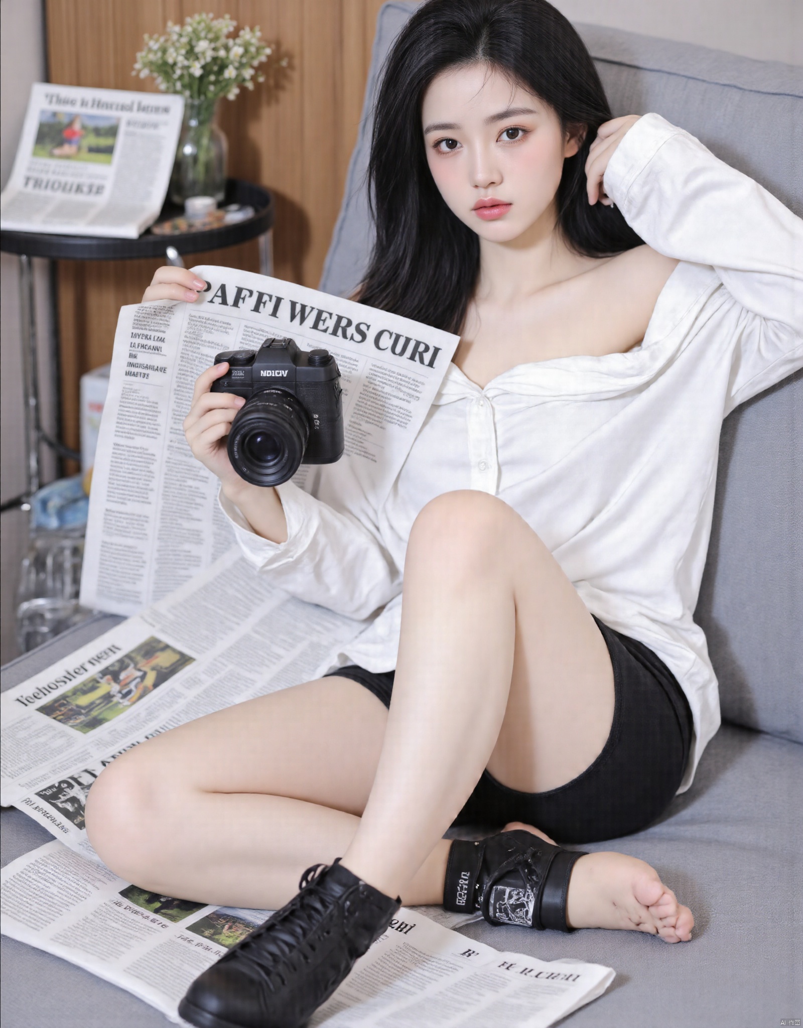 1girl, solo, long hair, looking at viewer, shirt, black hair, holding, brown eyes, sitting, white shirt, boots, barefoot, feet, lips, couch, realistic, newspaper