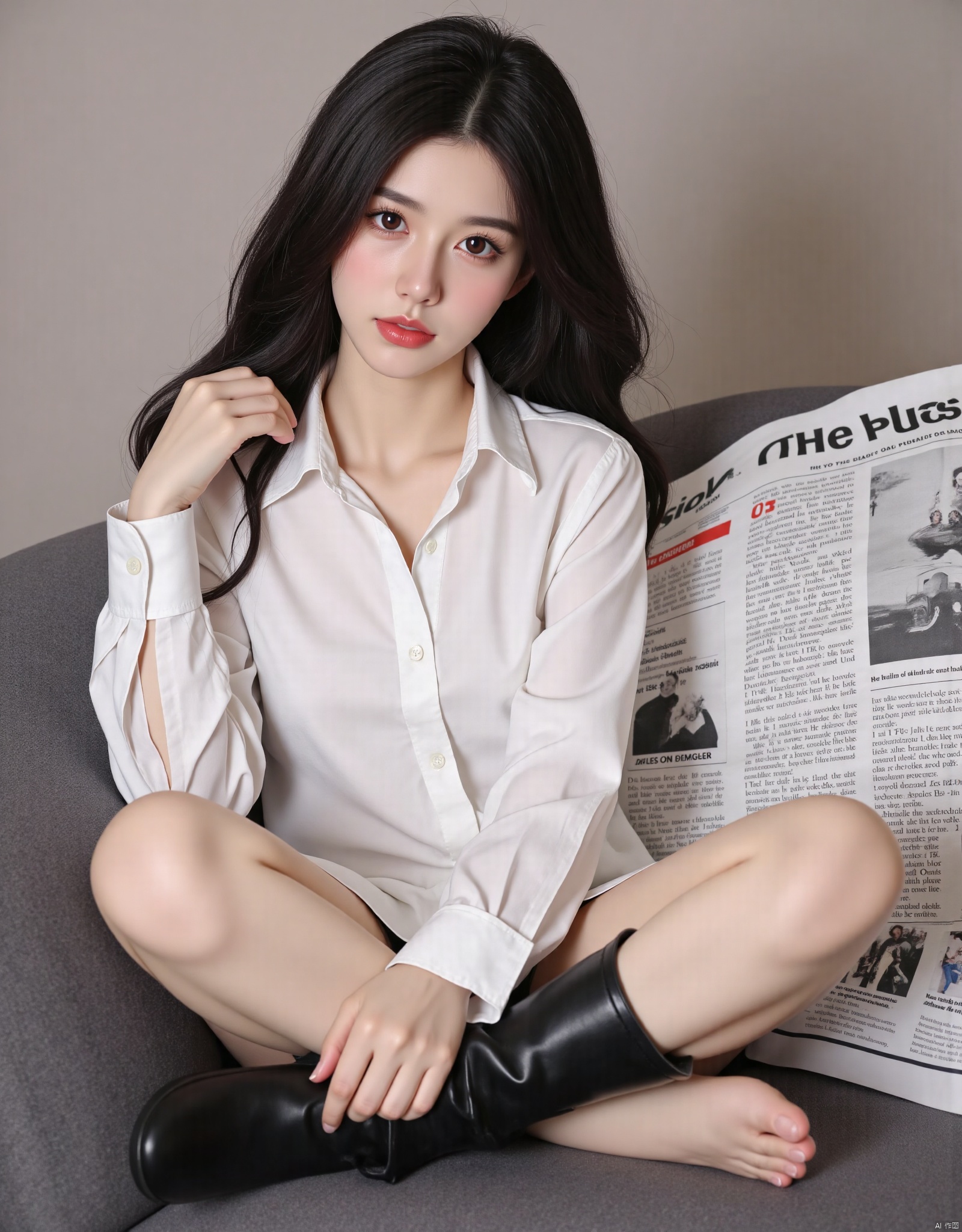 1girl, solo, long hair, looking at viewer, shirt, black hair, holding, brown eyes, sitting, white shirt, boots, barefoot, feet, lips, couch, realistic, newspaper