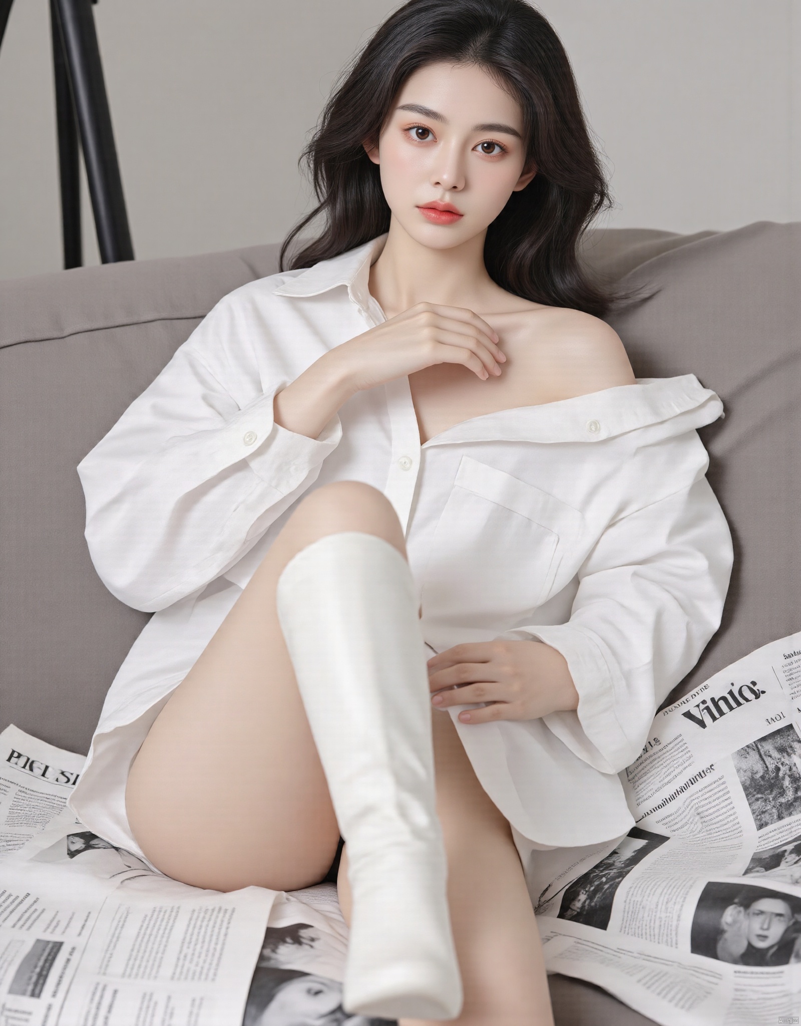 1girl, solo, long hair, looking at viewer, shirt, black hair, holding, brown eyes, sitting, white shirt, boots, barefoot, feet, lips, couch, realistic, newspaper