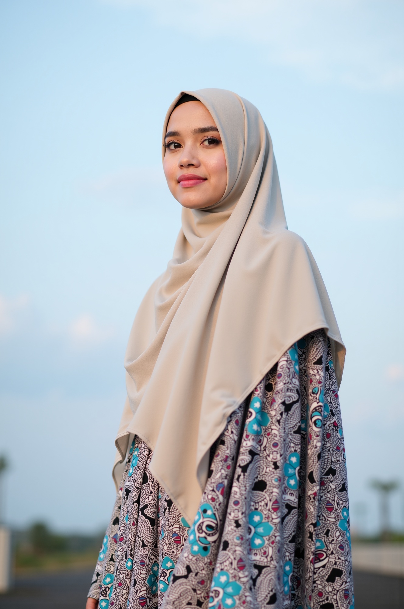 A young woman stands confidently,  her hijab elegantly draped around her head and neck. She wears a traditional Malay outf...