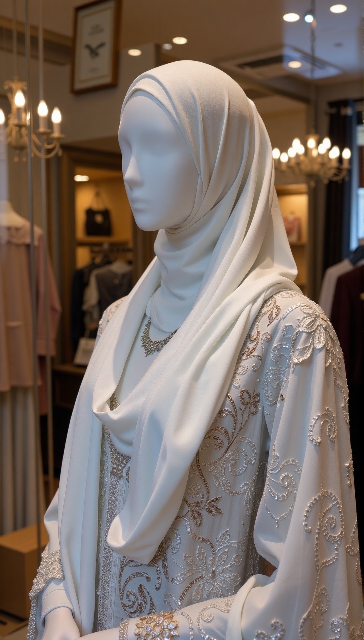 Softly lit boutique interior: a mannequin donning vibrant white hijab,  adorned with elegant outfit's intricate patterns,...