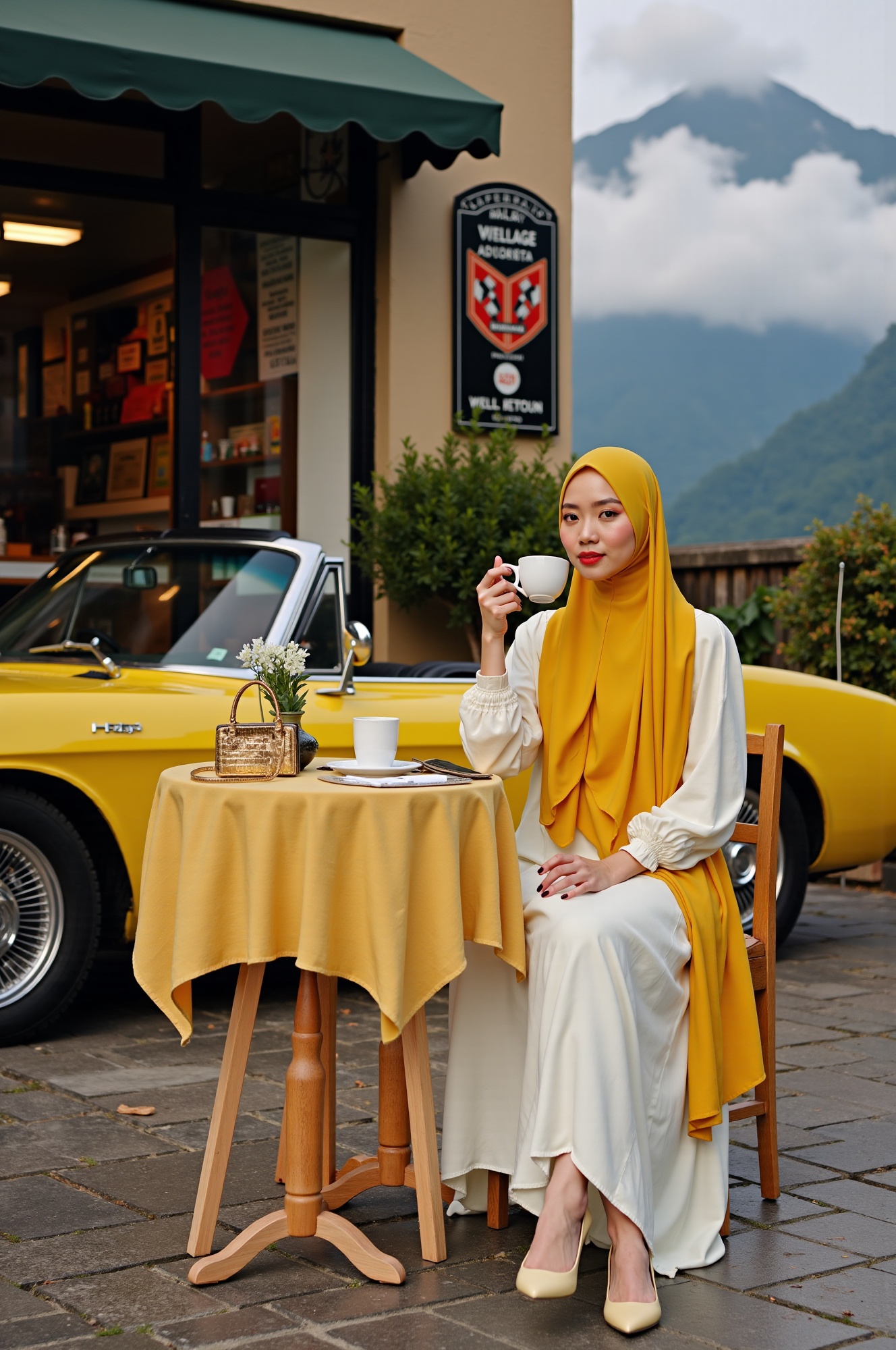 The young woman in her vibrant yellow hijab sits gracefully at a table with a luxurious white skirting,  exuding elegance...