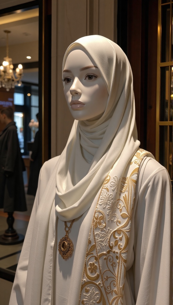 In a luxurious boutique setting,  a stunning mannequin display is bathed in soft,  warm lighting on Tensor.Art