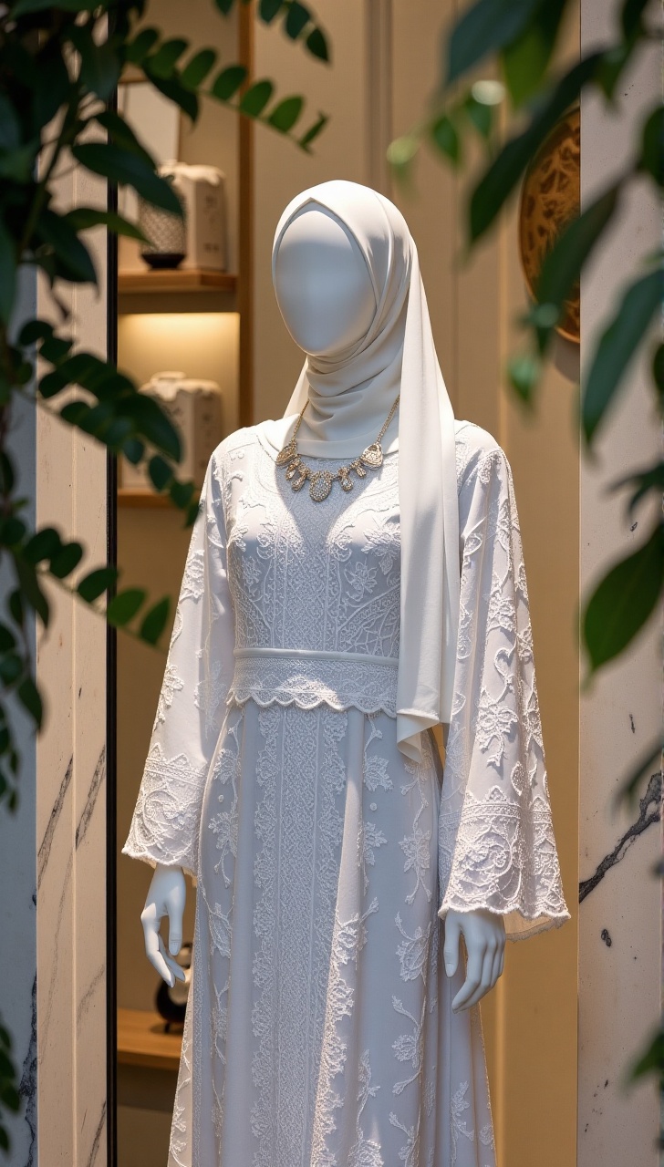 In a warm,  softly lit setting,  an exquisite mannequin stands as a centerpiece in a luxurious boutique. Clad in a stunnin...