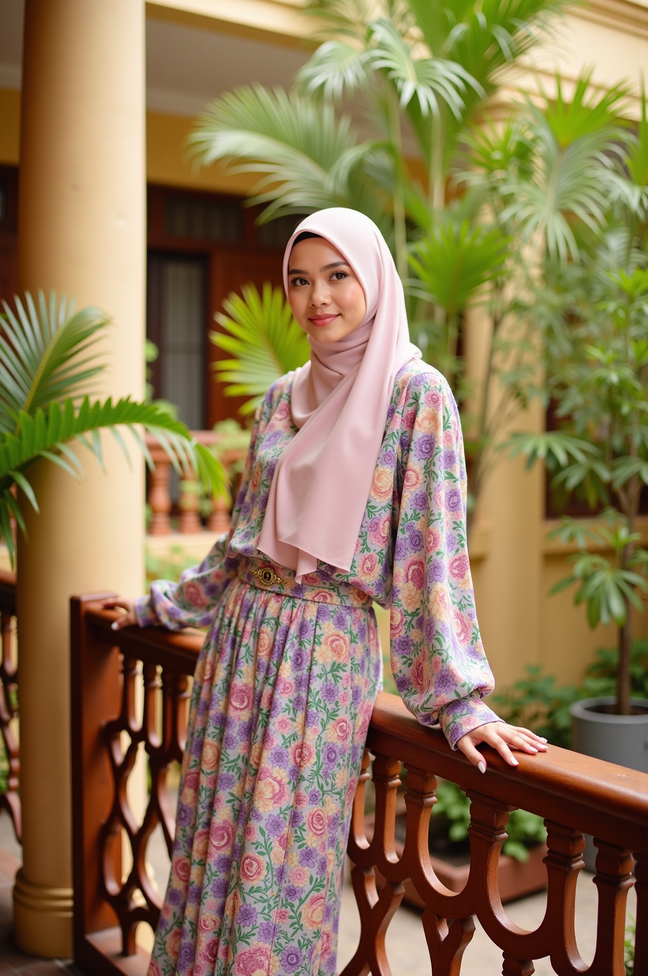 A serene young woman poses confidently in a warm,  sunlit courtyard,  her hijab flowing gently around her face. She wears...