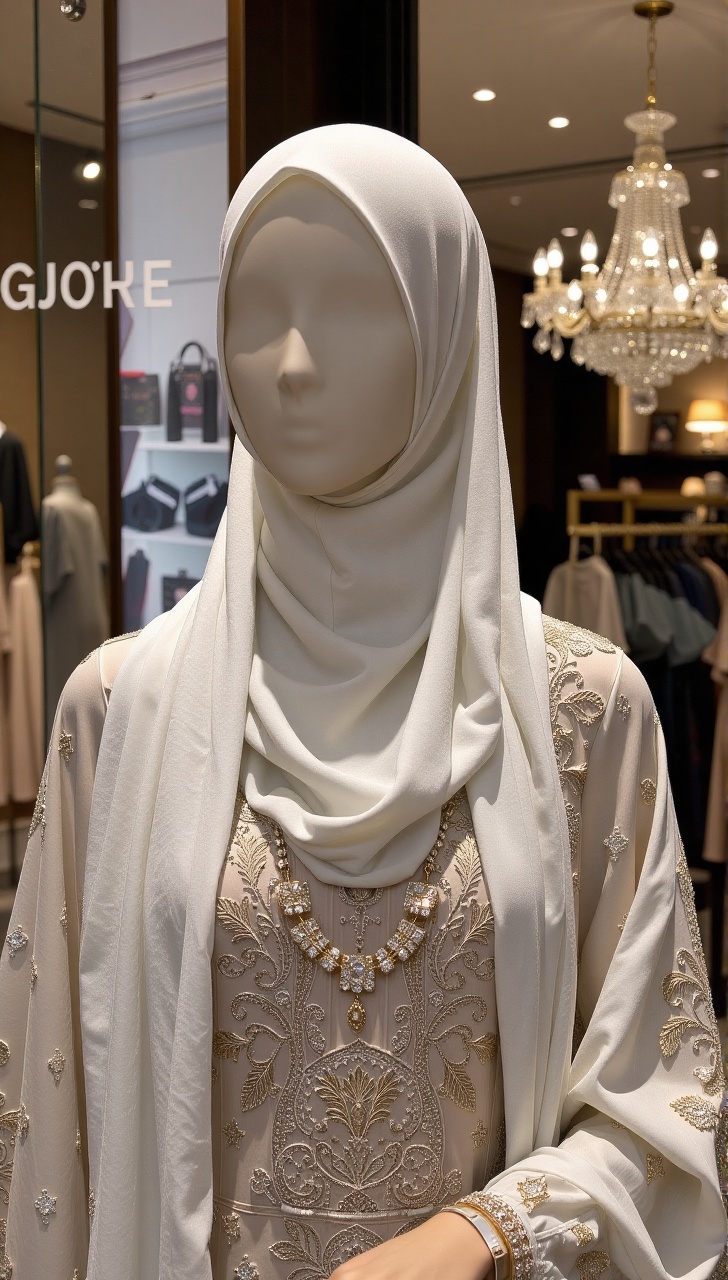 Softly lit boutique interior: a mannequin donning vibrant white hijab,  adorned with elegant outfit's intricate patterns,...
