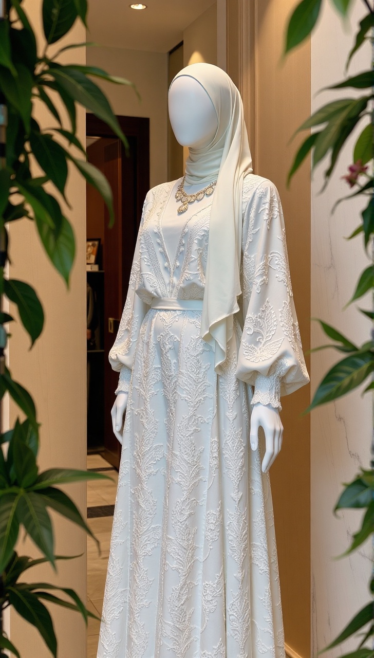 In a warm,  softly lit setting,  an exquisite mannequin stands as a centerpiece in a luxurious boutique. Clad in a stunnin...