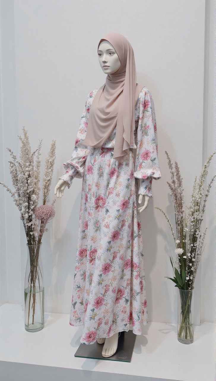 A elegant mannequin display clad in a vibrant pink hijab,  adorned with intricate floral patterns on the clothing,  set ag...