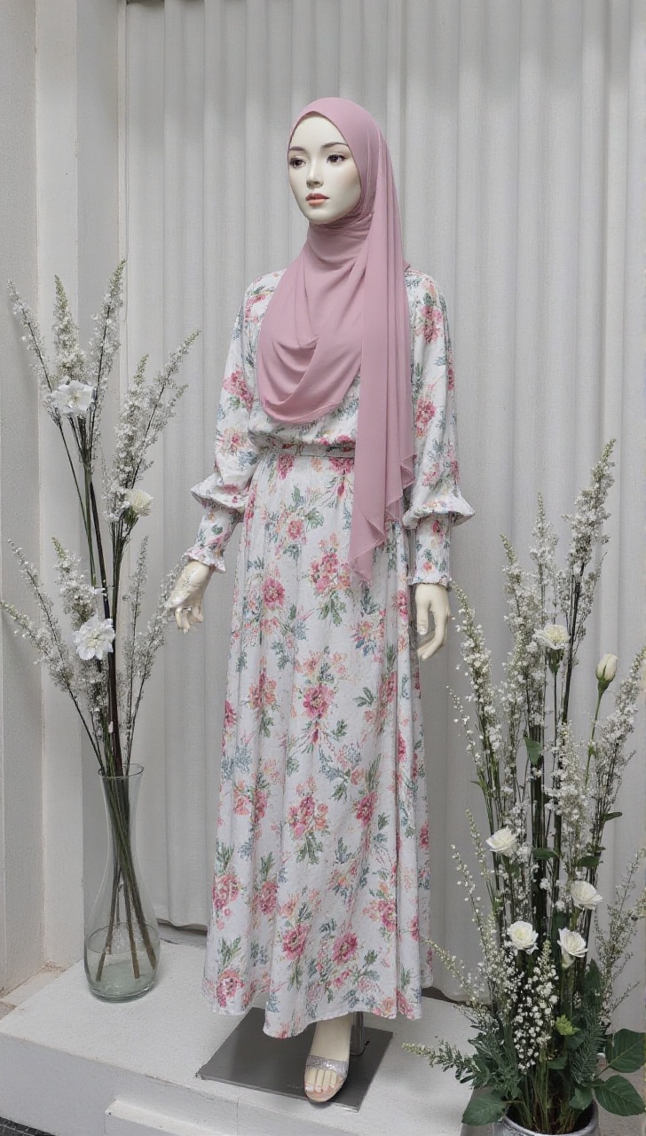 A elegant mannequin display clad in a vibrant pink hijab,  adorned with intricate floral patterns on the clothing,  set ag...