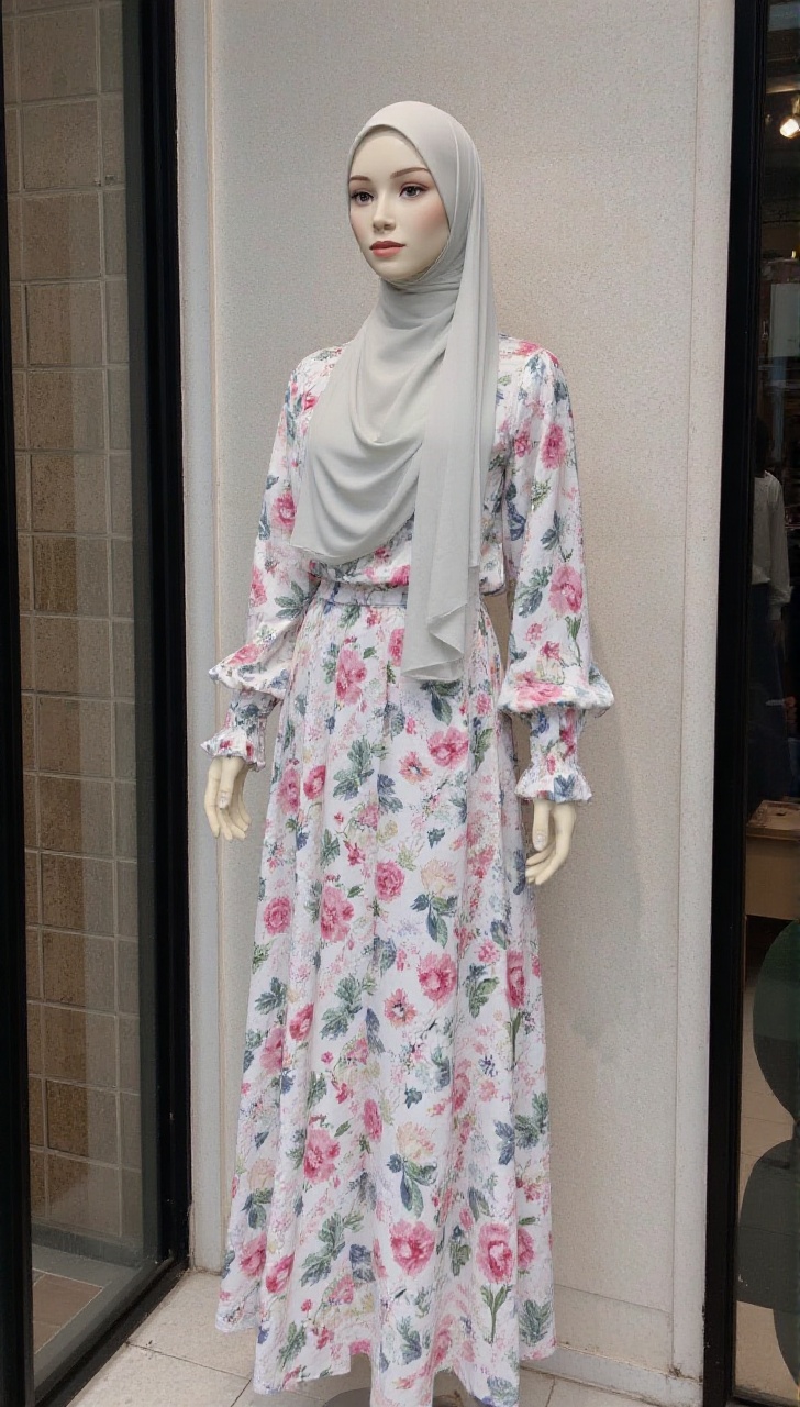 A serene mannequin display features a life-like model clad in a stunning ensemble: a soft pink hijab flows effortlessly ar...