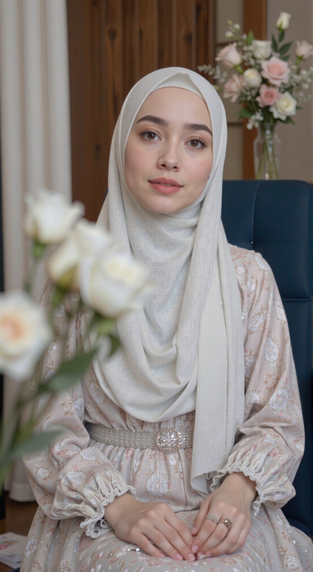 A soft-focus close-up of a young beauty,  dressed in an elegant hijab outfit,  her features blurred slightly to convey a s...