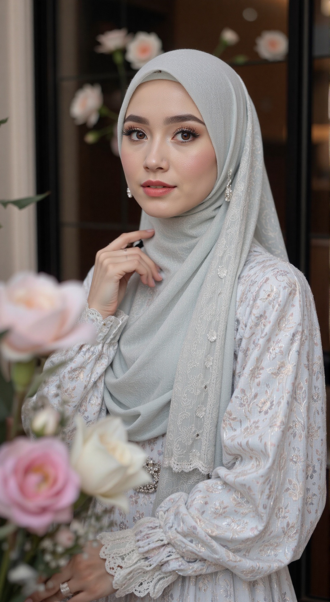 Soft focus close-up of a young beauty wearing elegant hijab outfits,  with intricate details on the outfit,  hijab on Tens...
