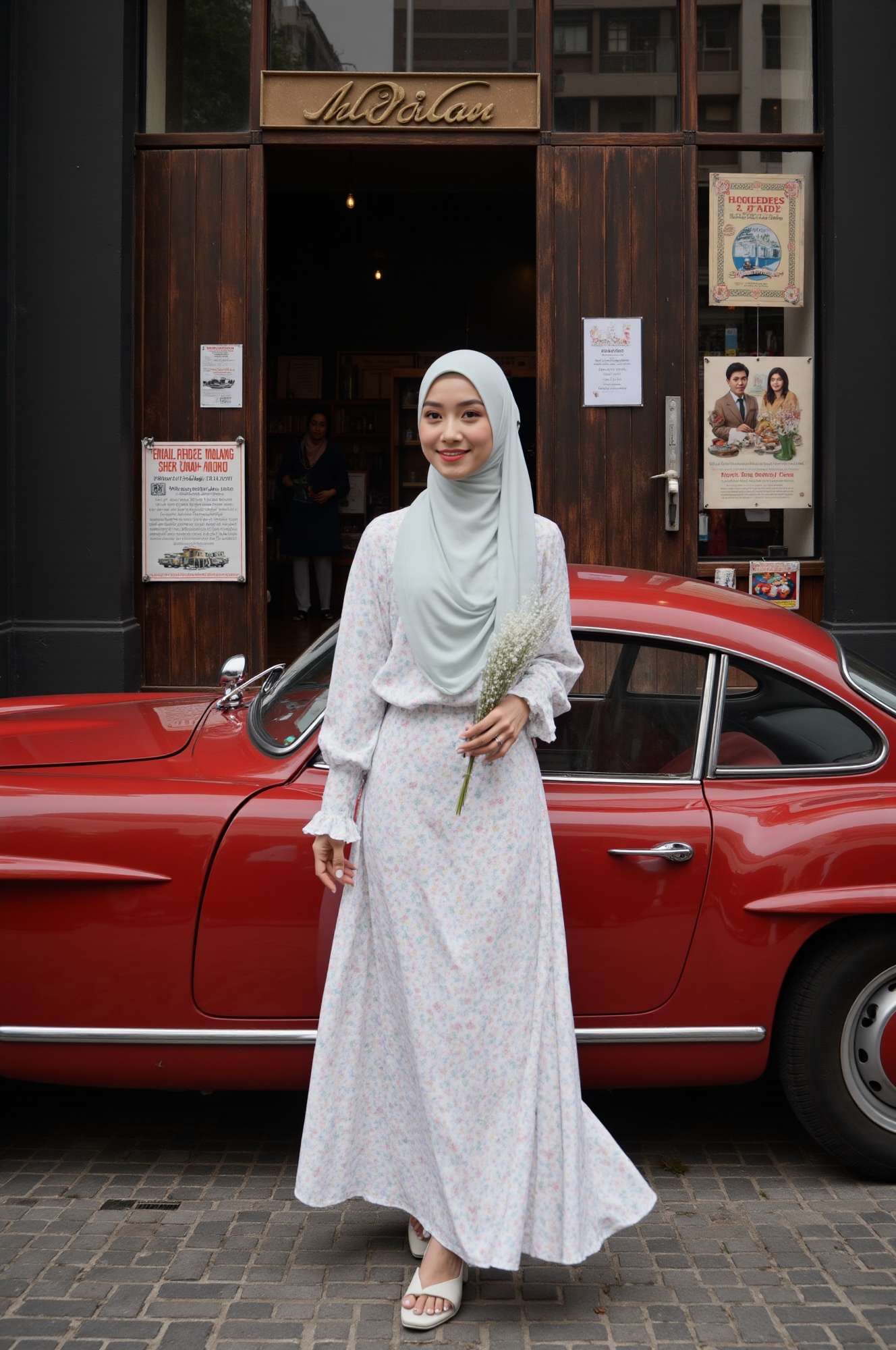 A young woman in a hijab steps gracefully in front of a classic Malay shop adorned with old posters and antique items. She...