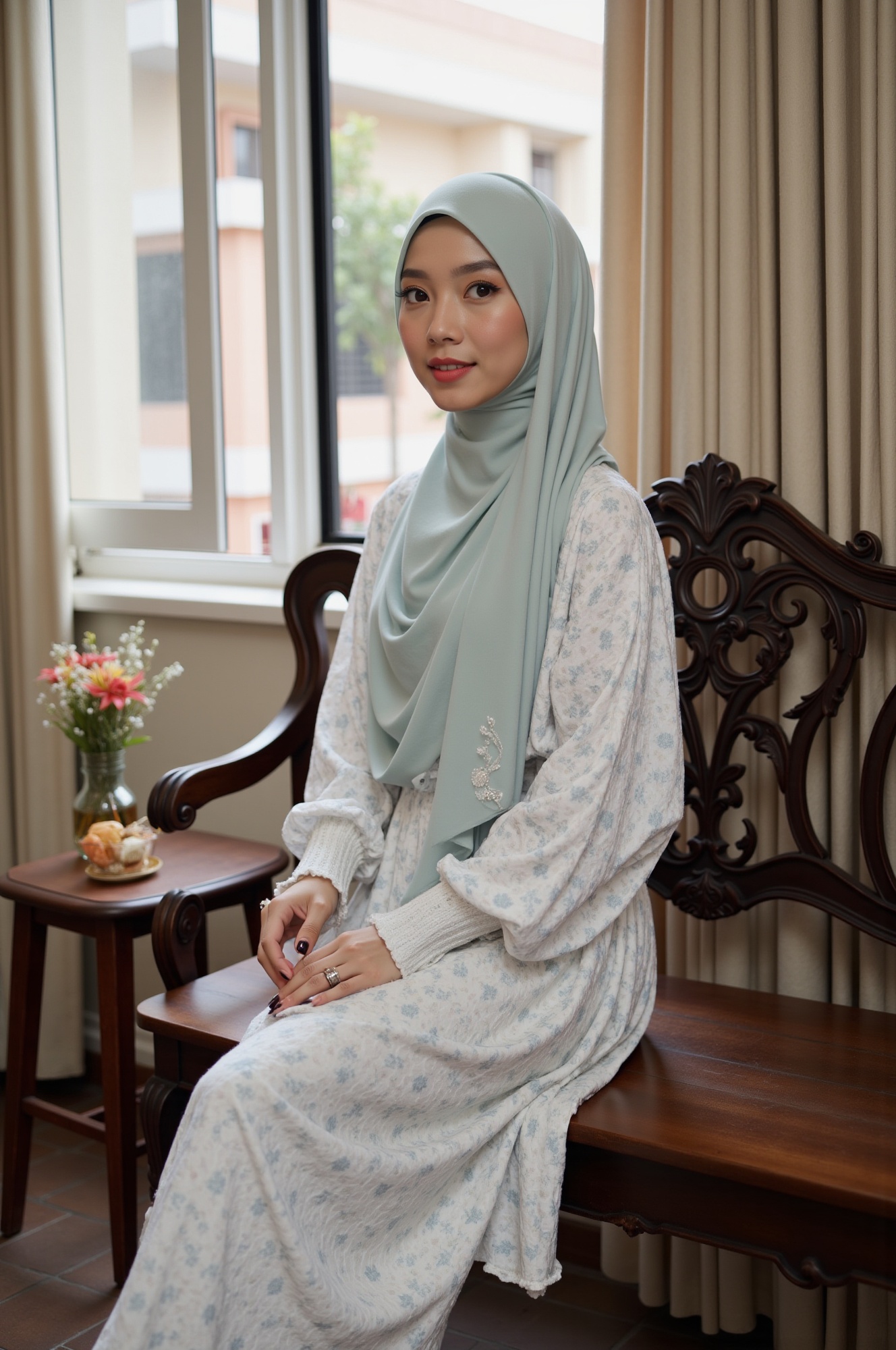 A serene afternoon scene: a young Malay woman sits confidently on a intricately carved wooden bench,  her hijab draped ele...