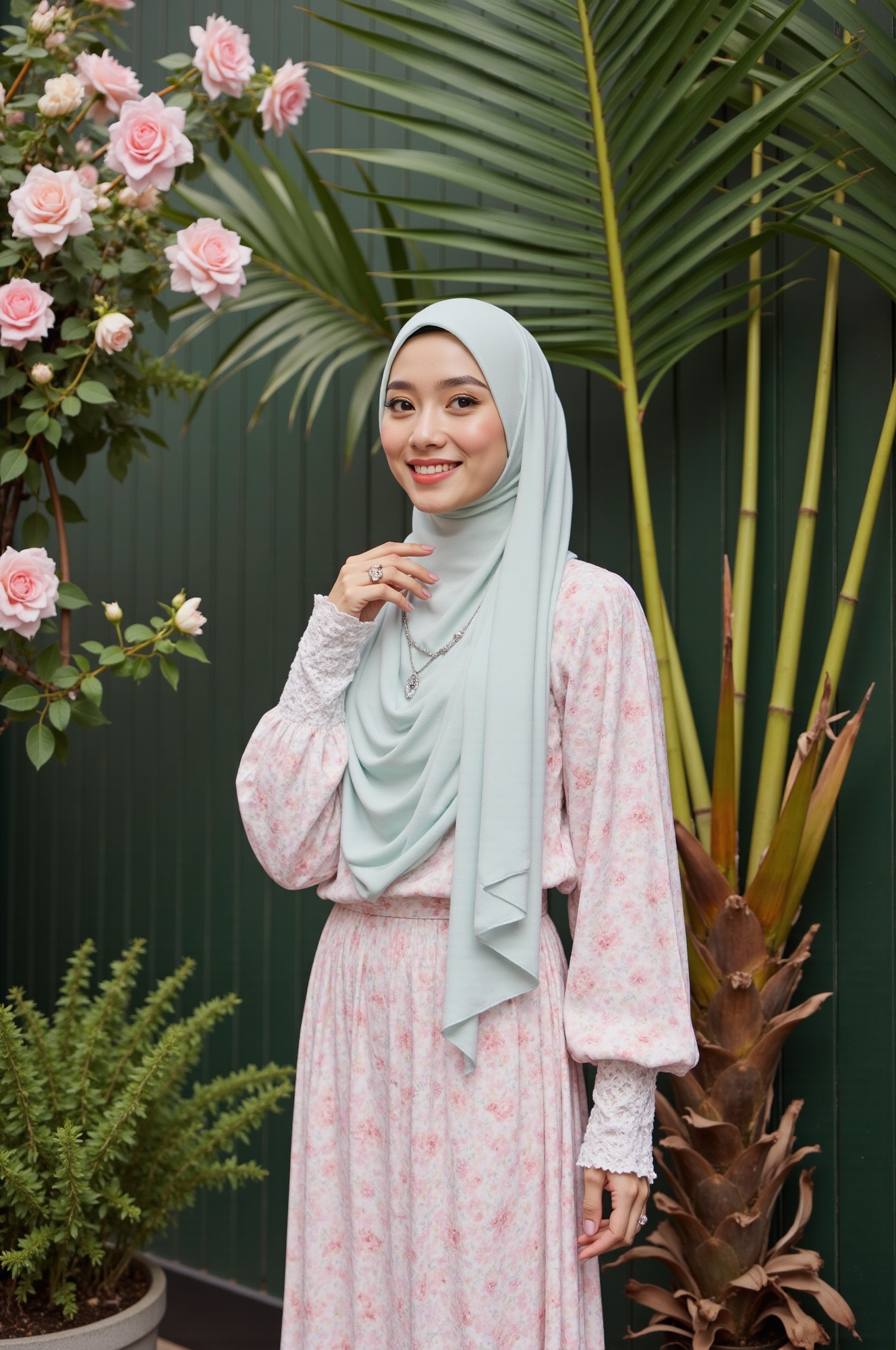 A serene Malay-inspired setting,  soft pastel hues infuse the atmosphere. A young woman,  adorned in traditional attire on...