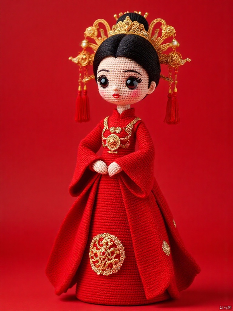 1 girl wearing red traditional Chinese wedding dress, black hair, beautiful bun, luxurious hair accessories, black eyes, make-up,Knitting Art