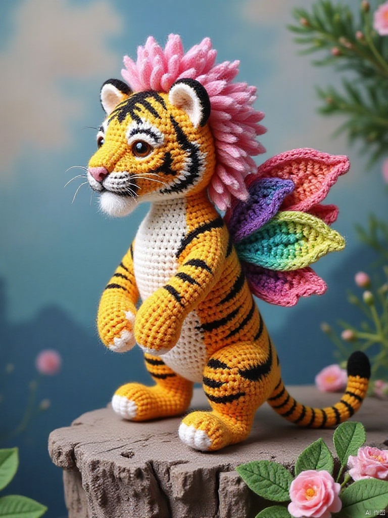 Knitting Art, a tiger, standing on the edge of the cliff, The temperament of the king of forests,with pink mane and iridescent wings,