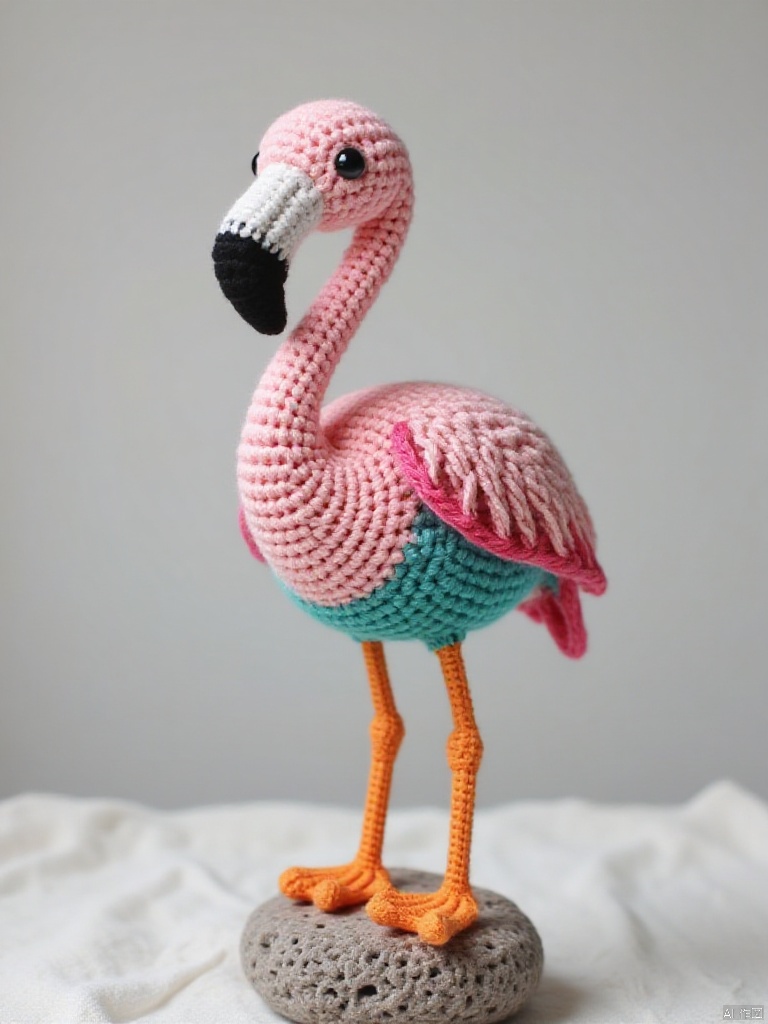 A flamingo standing on a stone, with a black beak, a body that changes from pink to blue, and orange legs.,Knitting Art