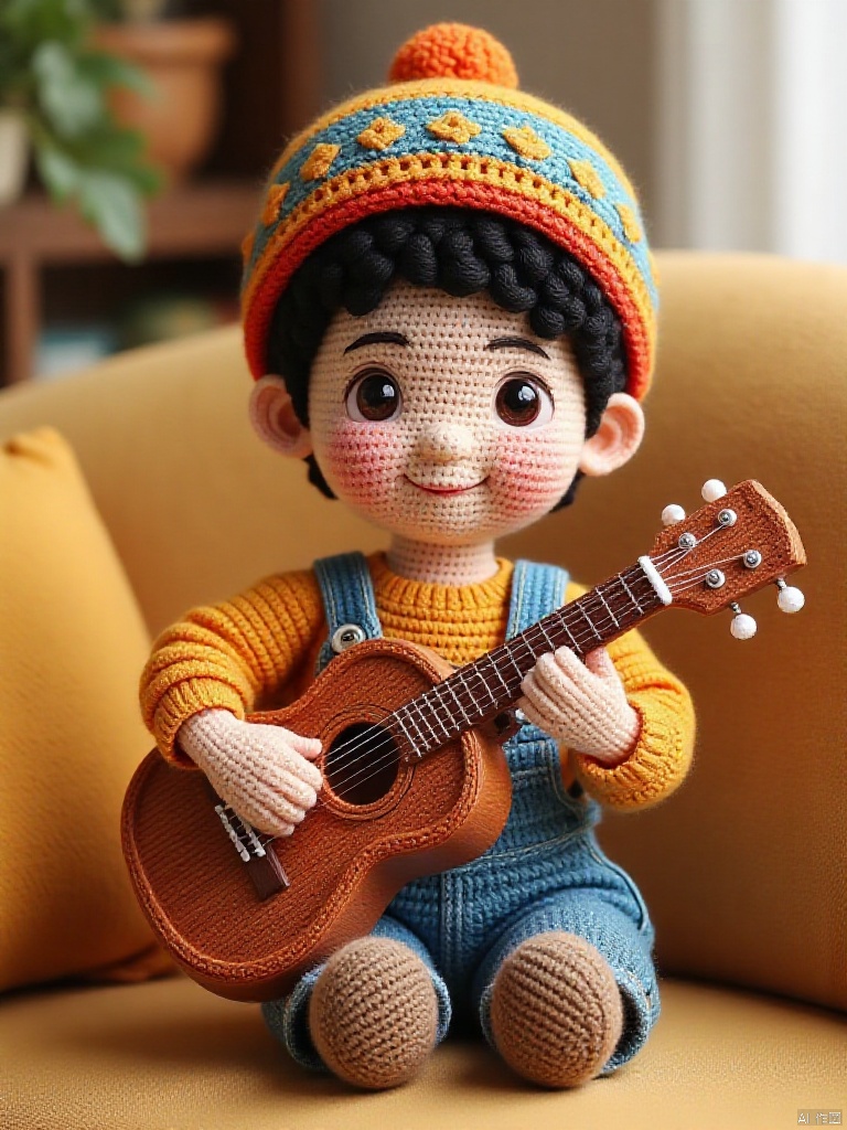 A boy wearing overalls, with black hair and a Lei Feng hat, holding a guitar in his hand, sitting on the sofa,Knitting Art