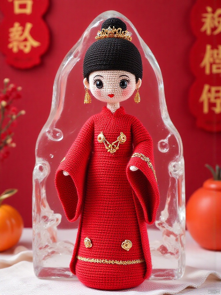 Ice carving, the girl sealed in the ice sculpture, black hair, makeup, red Chinese wedding dress,Knitted style,Knitting Art