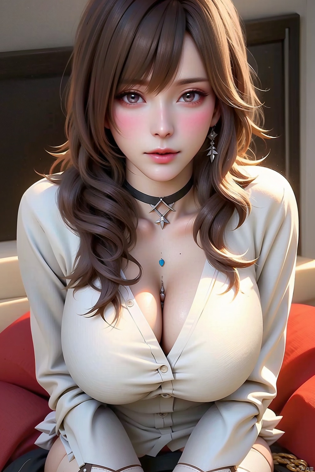 1girl
solo
breasts
looking at viewer
large breasts
brown hair
shirt
thighhighs
long sleeves
cleavage
brown eyes
jewelry
sitting
white shirt
flower
parted lips
choker
white thighhighs
white choker