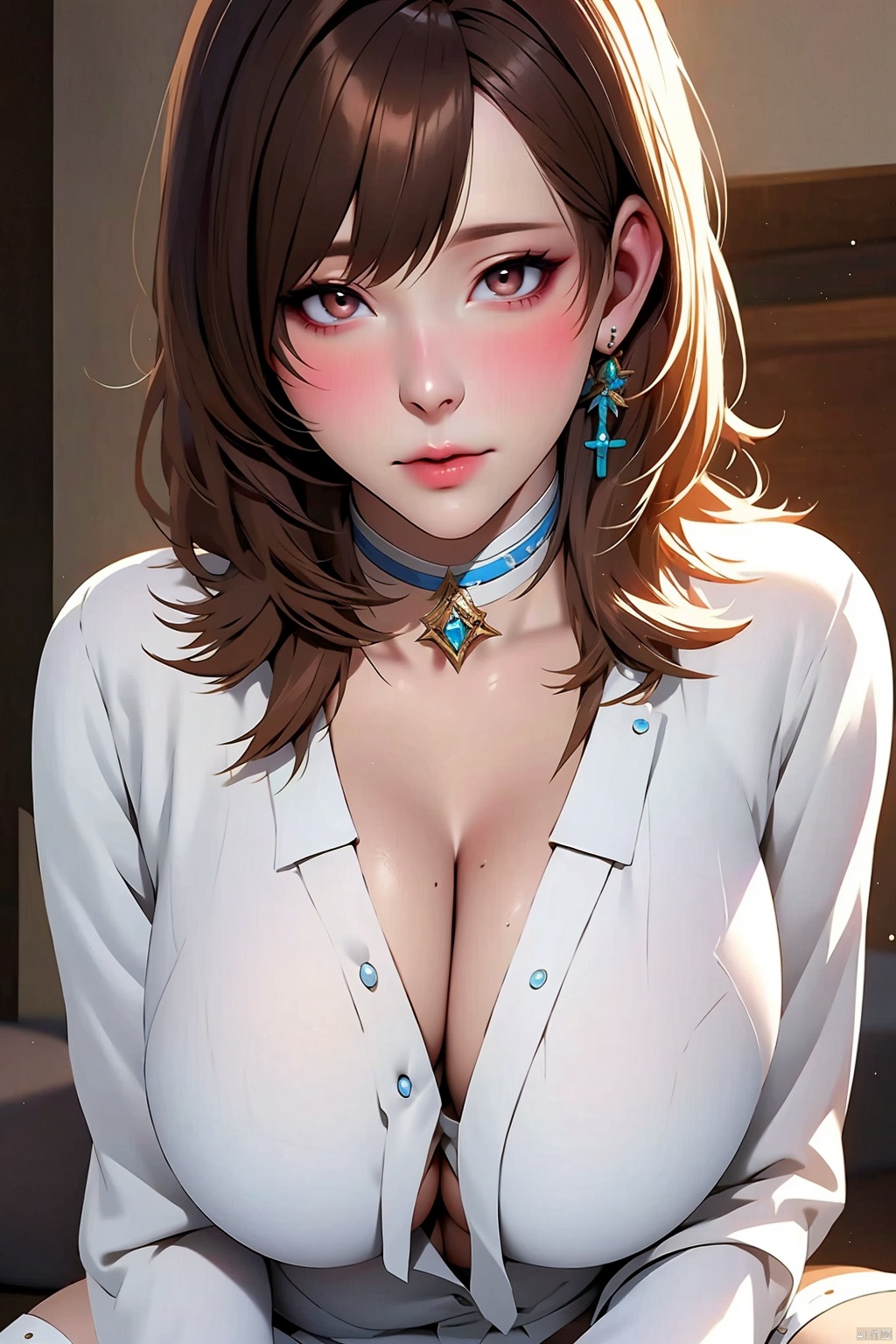 1girl
solo
breasts
looking at viewer
large breasts
brown hair
shirt
thighhighs
long sleeves
cleavage
brown eyes
jewelry
sitting
white shirt
flower
parted lips
choker
white thighhighs
white choker