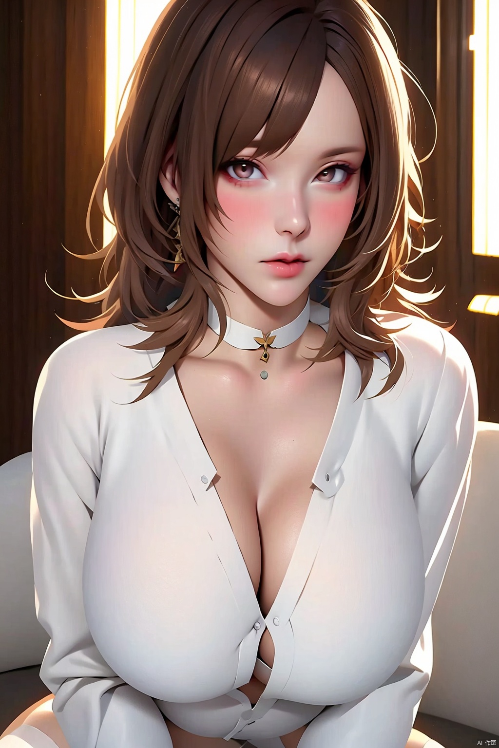 1girl
solo
breasts
looking at viewer
large breasts
brown hair
shirt
thighhighs
long sleeves
cleavage
brown eyes
jewelry
sitting
white shirt
flower
parted lips
choker
white thighhighs
white choker