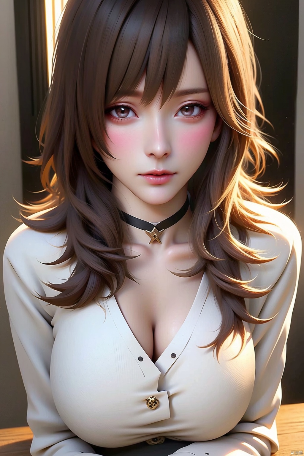 1girl
solo
breasts
looking at viewer
large breasts
brown hair
shirt
thighhighs
long sleeves
cleavage
brown eyes
jewelry
sitting
white shirt
flower
parted lips
choker
white thighhighs
white choker