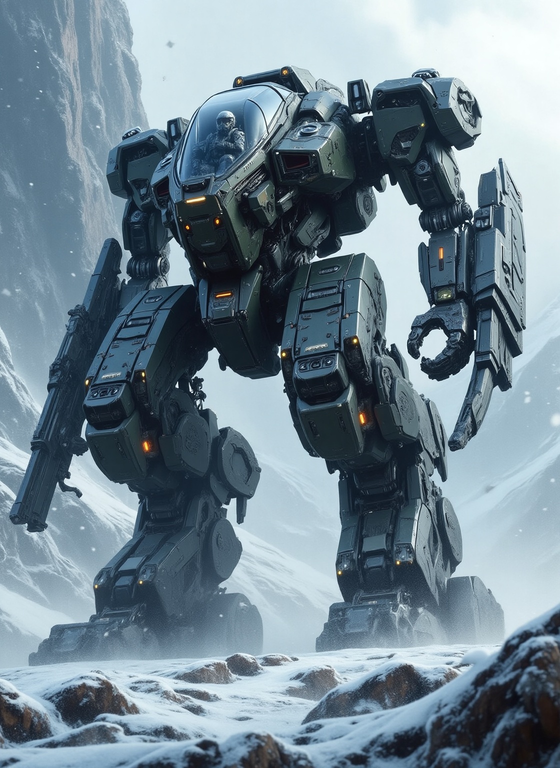clear 8k hyper-realistic,  hyper-detailed of A large,  sleek military bipedal cockpit mecha with soldier pilot inside in a...