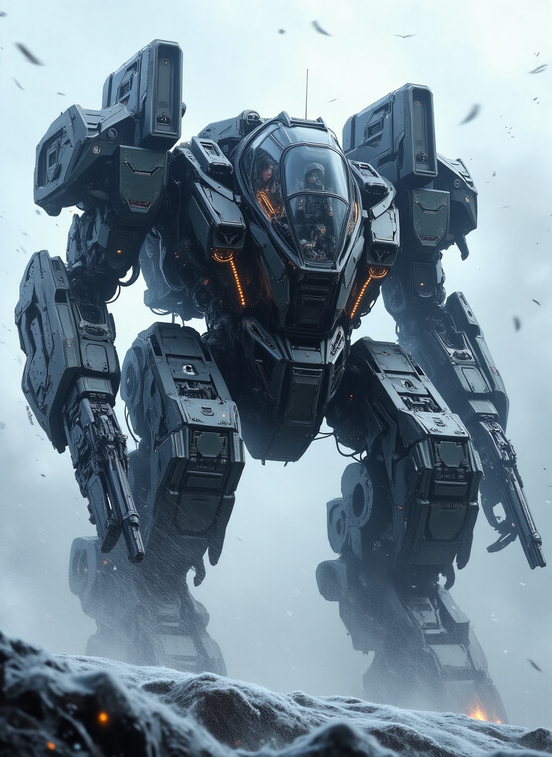 clear 8k hyper-realistic,  hyper-detailed of A large,  sleek military bipedal cockpit mecha with soldier pilot inside in a...