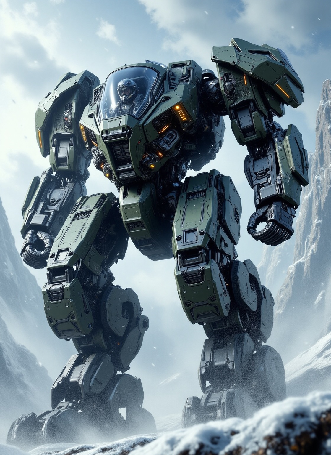 clear 8k hyper-realistic,  hyper-detailed of A large,  sleek military bipedal cockpit mecha with soldier pilot inside in a...