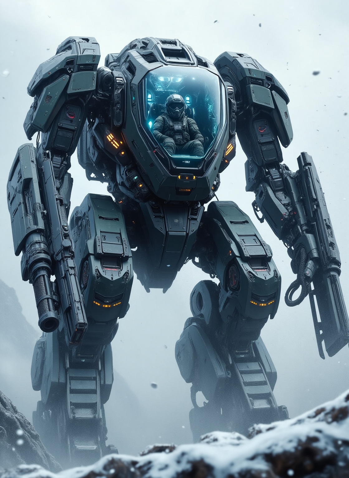 clear 8k hyper-realistic,  hyper-detailed of A large,  sleek military bipedal cockpit mecha with soldier pilot inside in a...