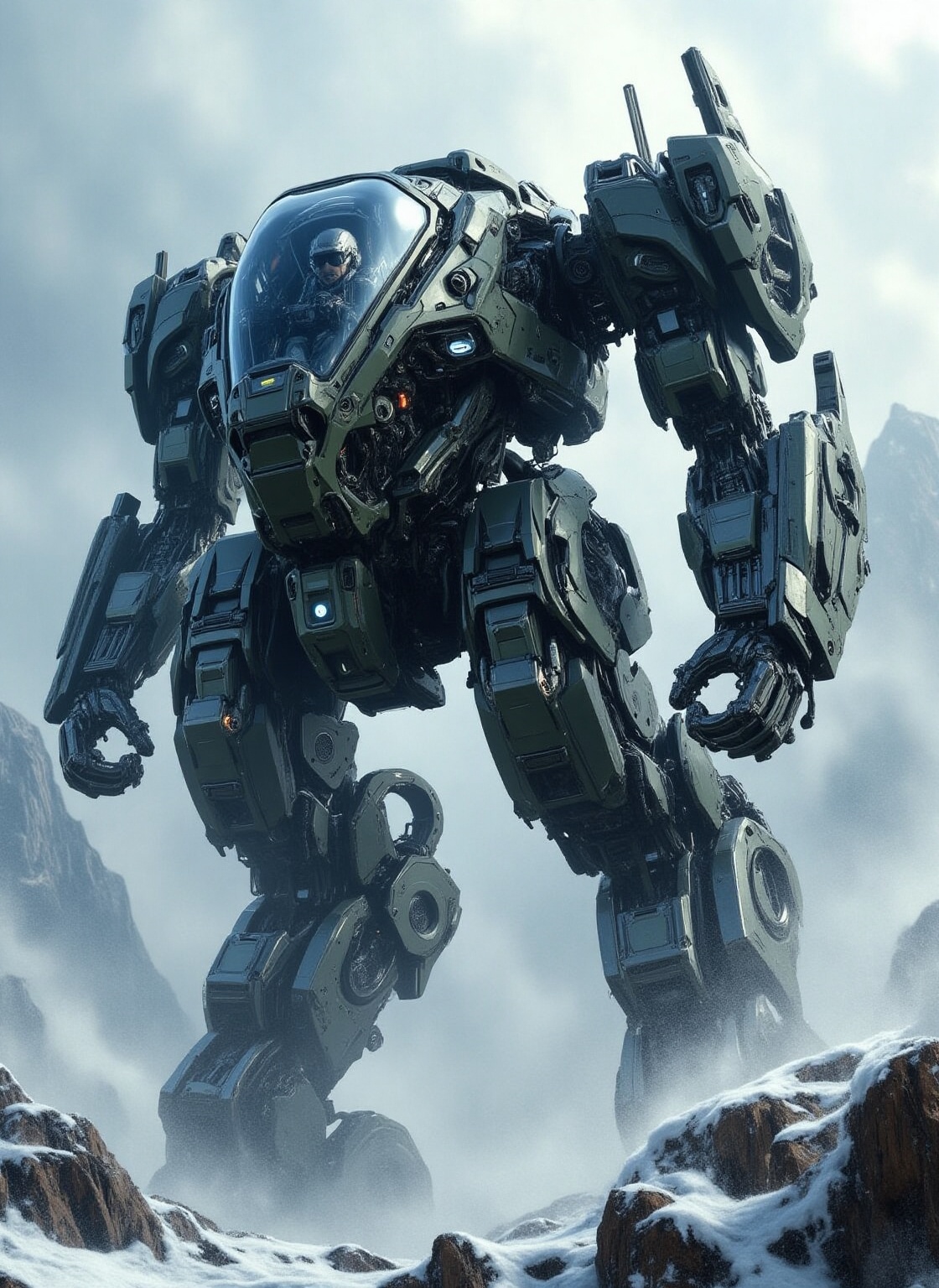 clear 8k hyper-realistic,  hyper-detailed of A large,  sleek military bipedal cockpit mecha with soldier pilot inside in a...