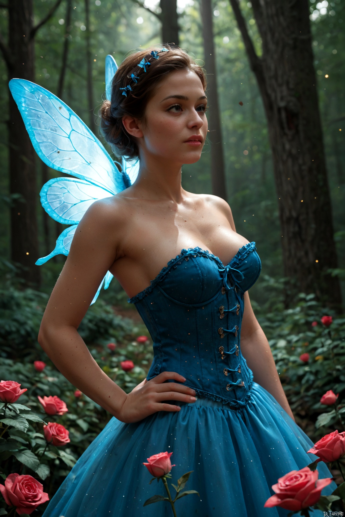 score_9,score_8_up, score_7_up,The masterful brushstrokes of Peter Paul Rubens and Rembrandt give life to a tiny woodland fairy with blue butterfly wings flying over rose flowers. She wears a blue corset. . Hieratic pose. Her body radiates a soft light amidst a mysterious, night forest background. Dramatic oil lighting. Ultra highly detailed, sharp details. Sparkle Glowing