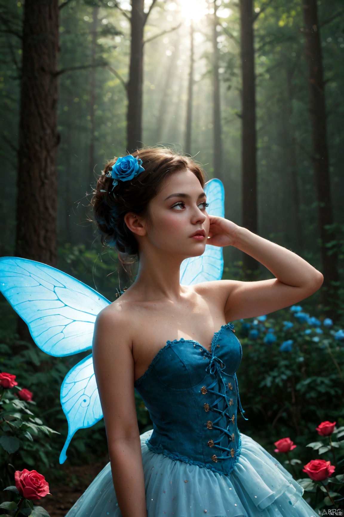 score_9,score_8_up, score_7_up,The masterful brushstrokes of Peter Paul Rubens and Rembrandt give life to a tiny woodland fairy with blue butterfly wings flying over rose flowers. SHE IE 1 15 YEARLS OLD  CHINESE GIRL,She wears a blue corset. . Hieratic pose. Her body radiates a soft light amidst a mysterious, night forest background. Dramatic oil lighting. Ultra highly detailed, sharp details. Sparkle Glowing