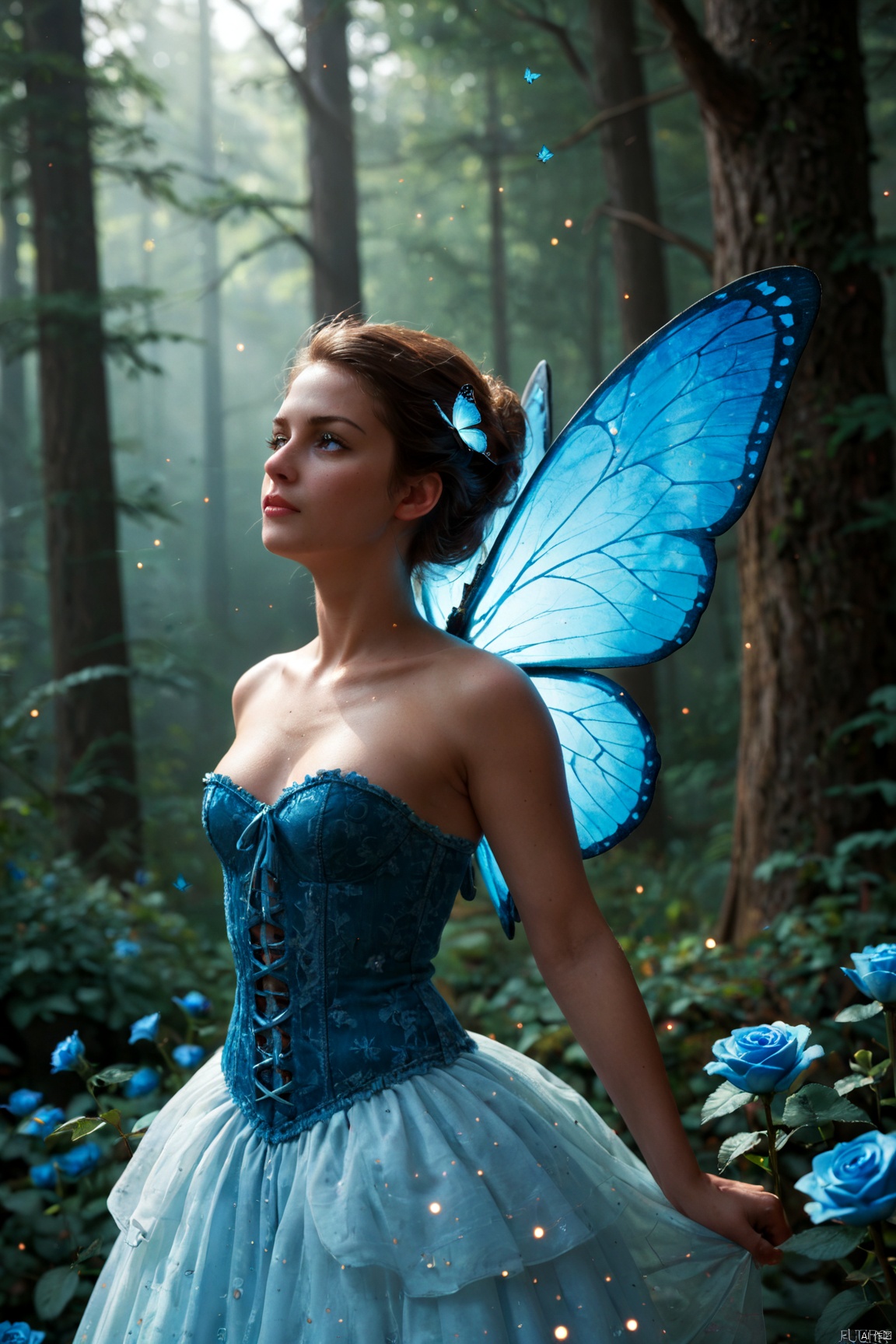 score_9,score_8_up, score_7_up,The masterful brushstrokes of Peter Paul Rubens and Rembrandt give life to a tiny woodland fairy with blue butterfly wings flying over rose flowers. She wears a blue corset. . Hieratic pose. Her body radiates a soft light amidst a mysterious, night forest background. Dramatic oil lighting. Ultra highly detailed, sharp details. Sparkle Glowing